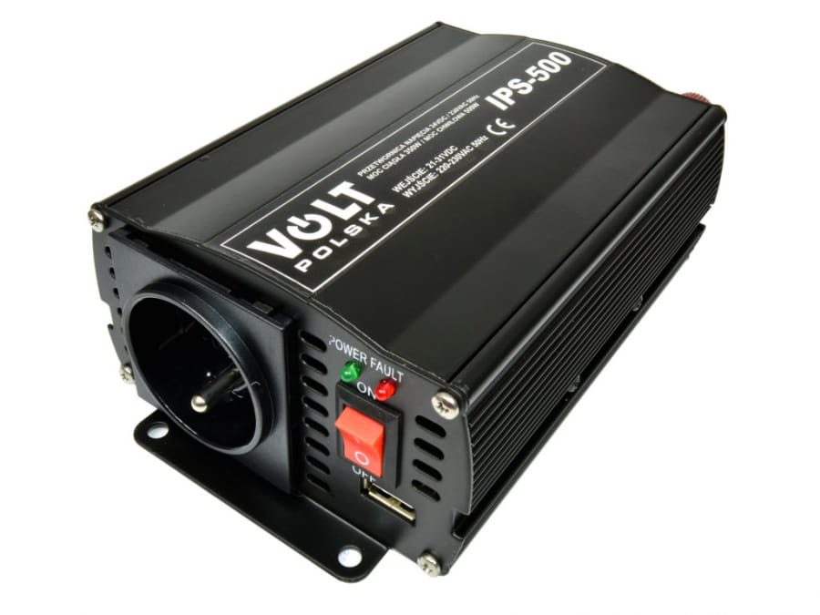 Przetwornica Volt IPS-500 w skośnym ujęciu z widocznym gniazdem i kontrolkami