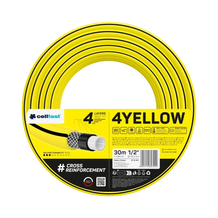 Żółty wąż ogrodowy Cellfast 4YELLOW w okrągłym opakowaniu