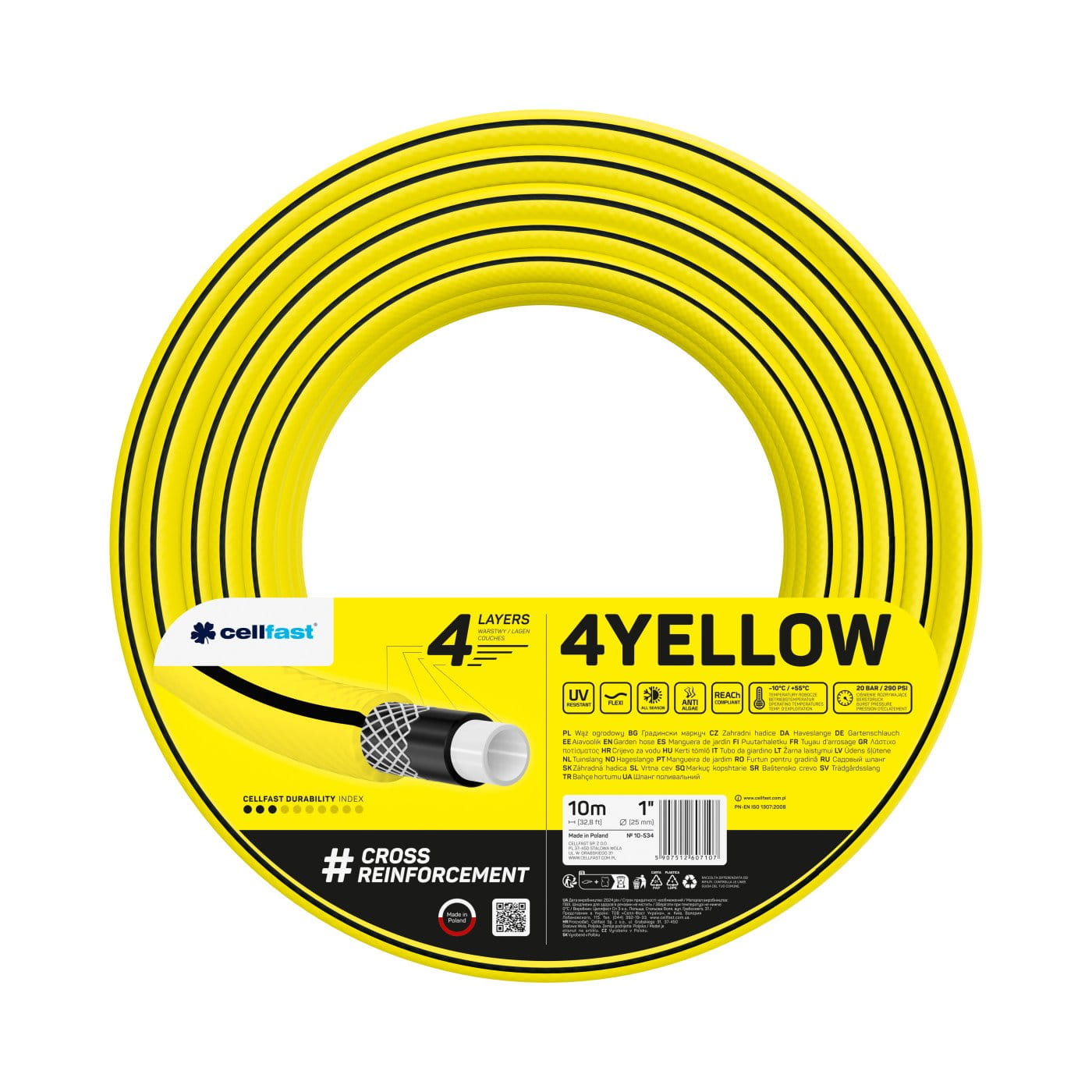 Żółty wąż ogrodowy Cellfast 4YELLOW w kręgu, z opakowaniem