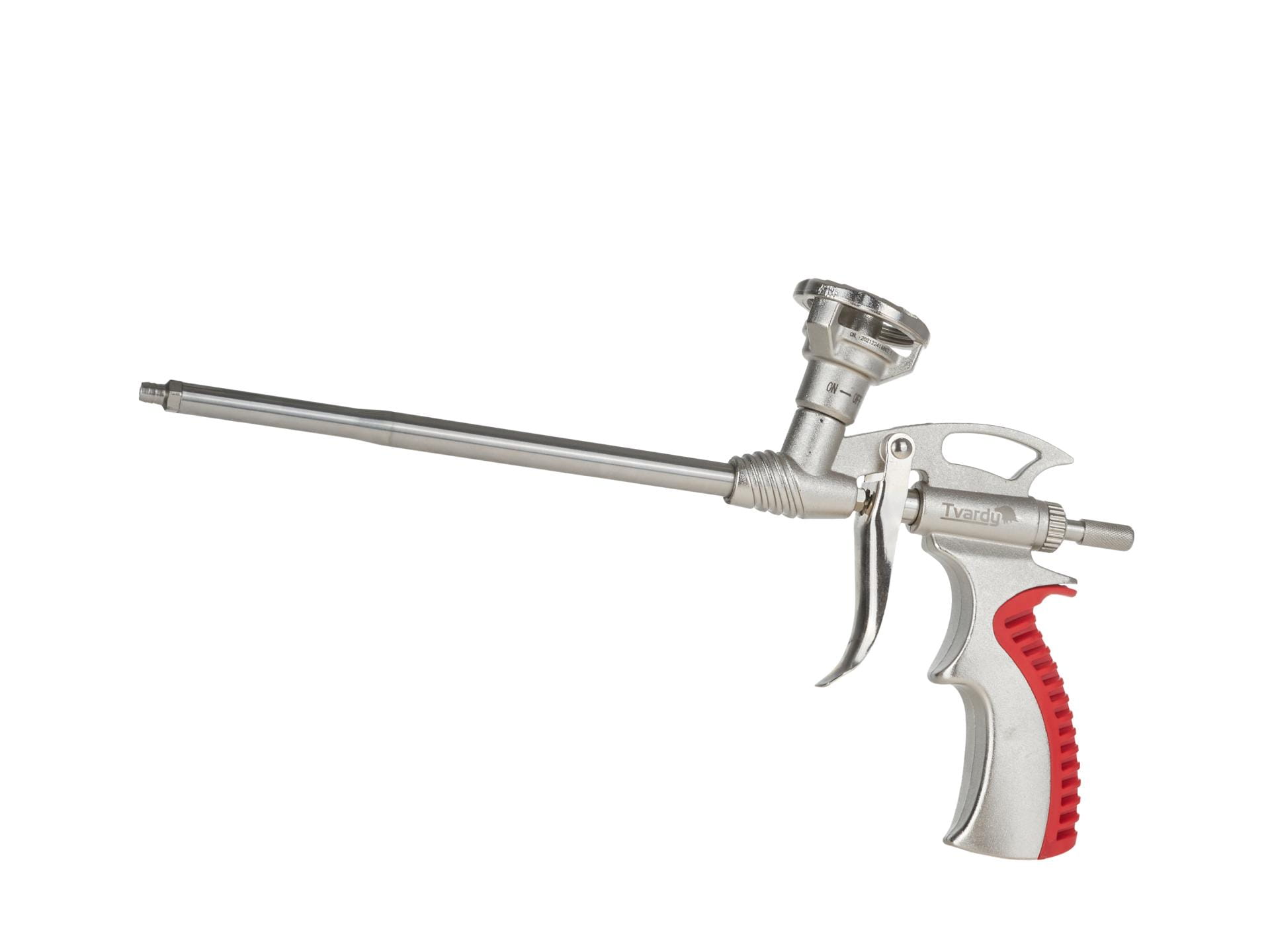 Pistolet do piany z metalową dyszą i czerwonym uchwytem