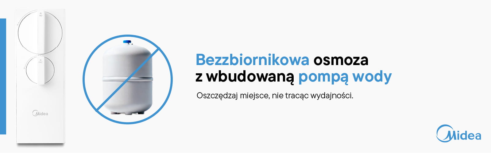 Bezzbiornikowy filtr osmozy Midea z białą obudową i symbolem przekreślonego zbiornika