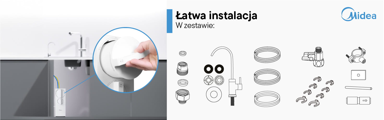 Montaż filtra odwróconej osmozy Midea z kompletem akcesoriów i schematem instalacji