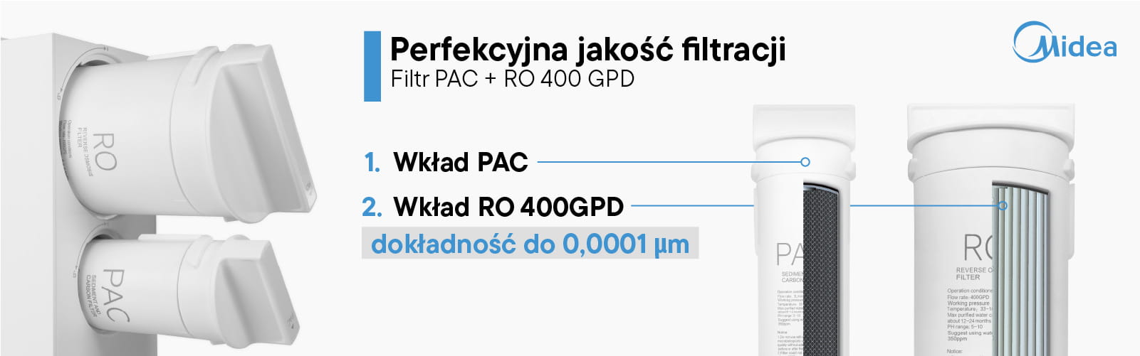 Filtr odwróconej osmozy Midea 400GPD z dwoma wkładami PAC i RO