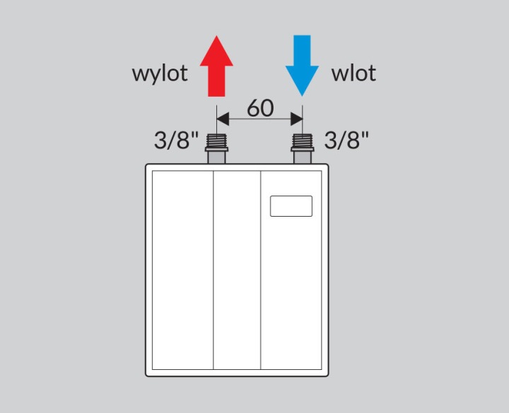 Rysunek ogrzewacza z wylotem i wlotem 3/8 oraz wymiarem 60