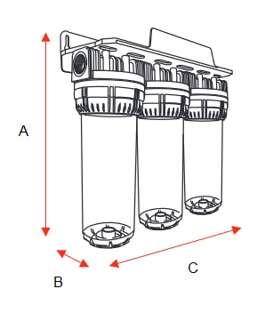 Rysunek techniczny filtra trójstopniowego z wymiarami A, B i C
