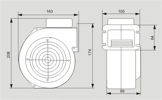 Rysunek techniczny wentylatora WPA 07 z wymiarami 163, 208 i 174