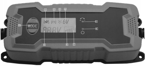Panel prostownika z przyciskiem MODE i wyświetlaczem 6V