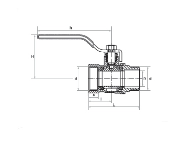 Rysunek techniczny zaworu kulowego z wymiarami
