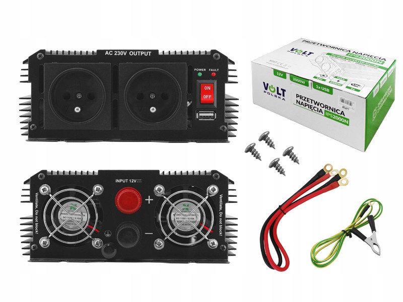 Przetwornica VOLT IPS-2000N W i pudełko, komplet z przewodami