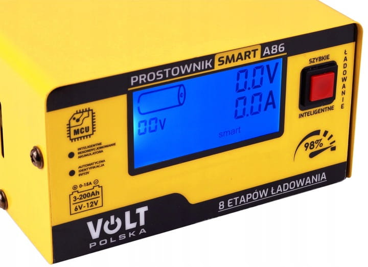 Żółty prostownik VOLT Polska z niebieskim wyświetlaczem