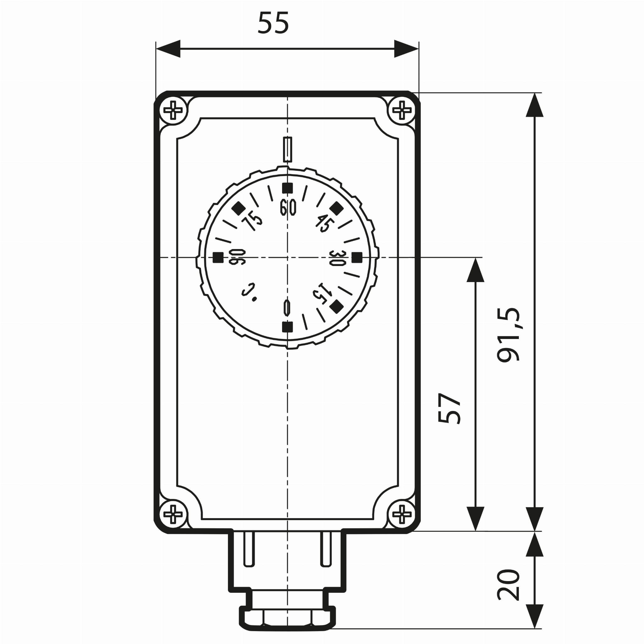 Rysunek wymiarowy termostatu z pokrętłem 55×91,5 mm