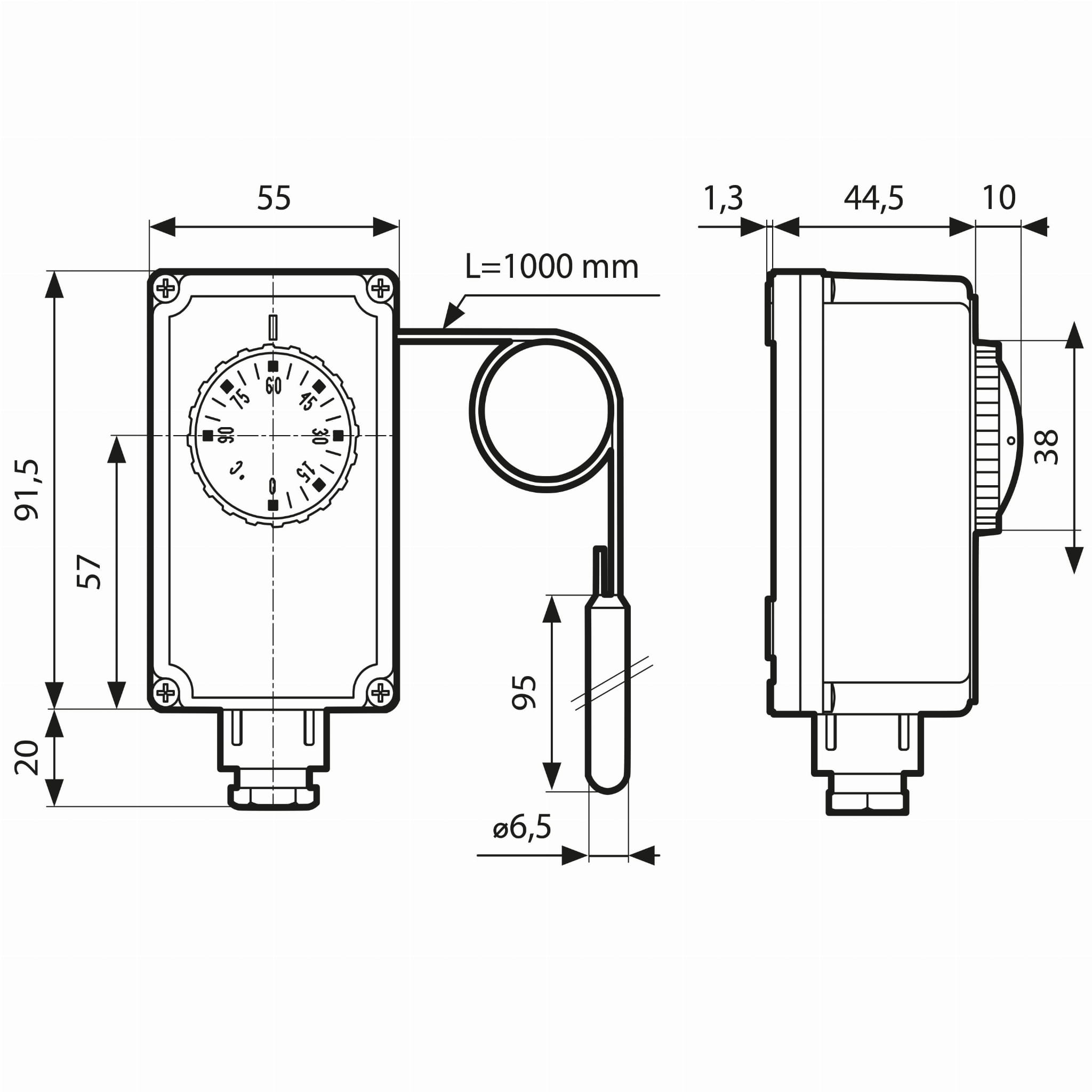 Rysunek techniczny termostatu z kapilarą 1000 mm