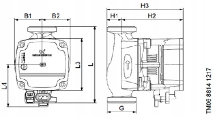 Rysunek techniczny pompy Grundfos ALPHA1 L z wymiarami