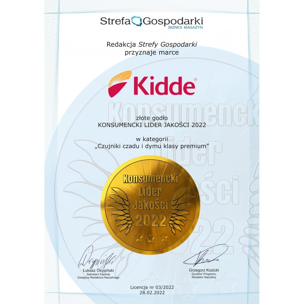 Dyplom Strefy Gospodarki z logo Kidde i złotym medalem 2022