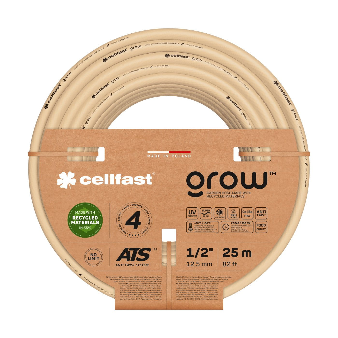 Zwinięty wąż ogrodowy Cellfast Grow na kartonowej etykiecie