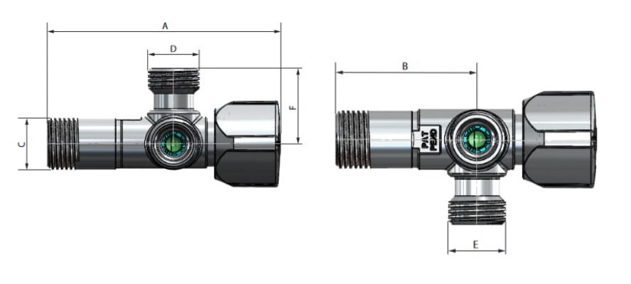 Rysunek techniczny chromowanego zaworu z wymiarami
