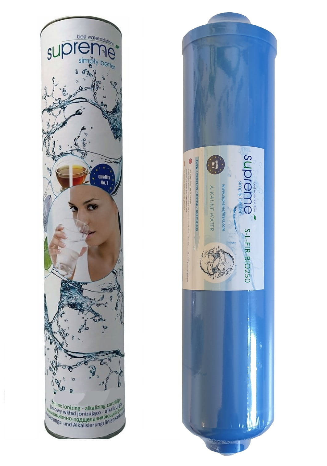 Dwa cylindryczne wkłady filtracyjne Supreme, biały i niebieski