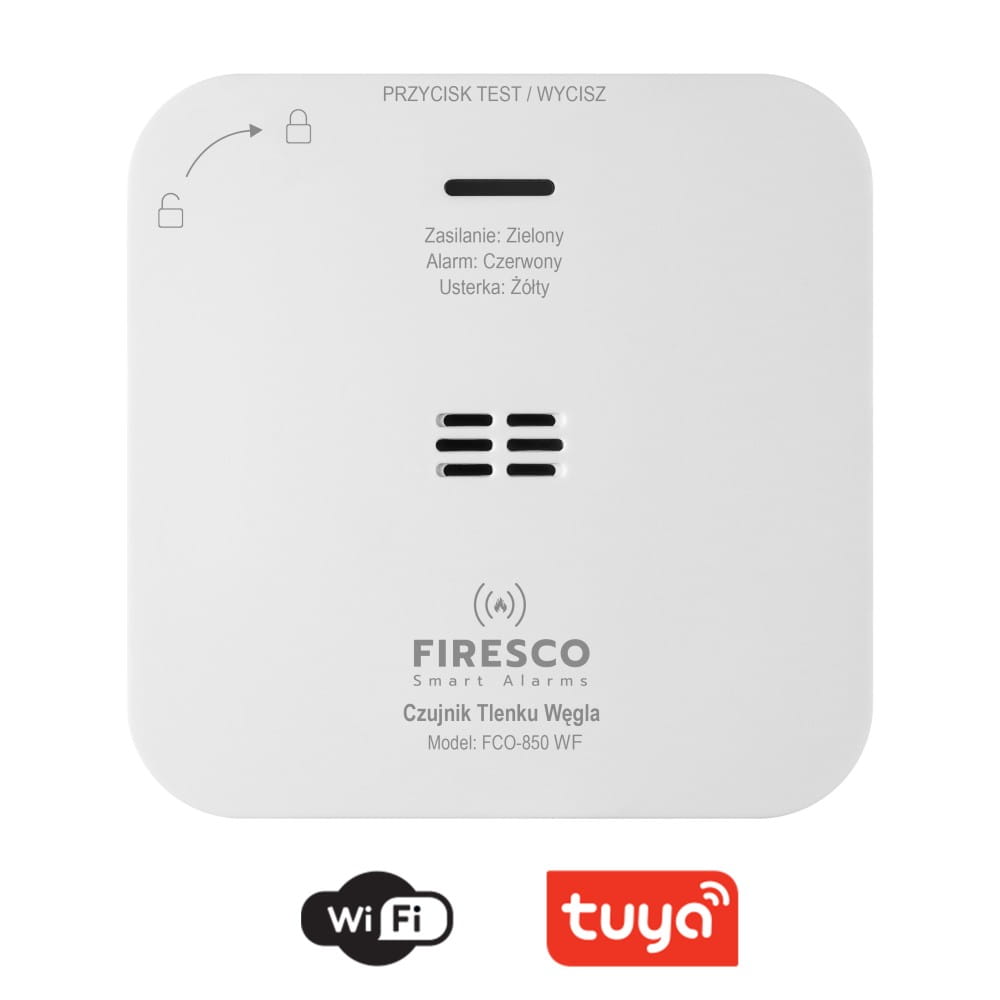 Czujnik tlenku węgla FIRESCO z logo Wi‑Fi i Tuya