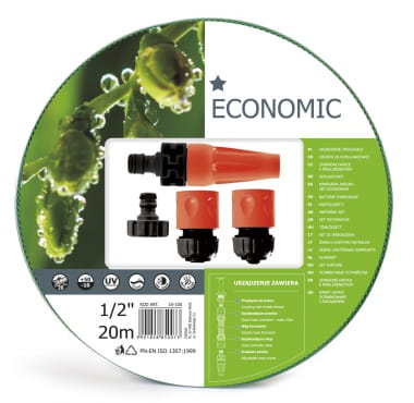 Zestaw ECONOMIC z wężem i zraszaczem na okrągłym opakowaniu